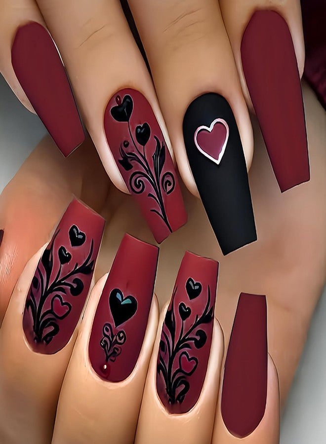 Vopintpy Black Red Flower Love Heart Press on Nails Romantic Valentines Fake Nails Matte Long Ballerina Nail Valentines Reusable Acrylic Nail for Women DIY Manicure - Image 1